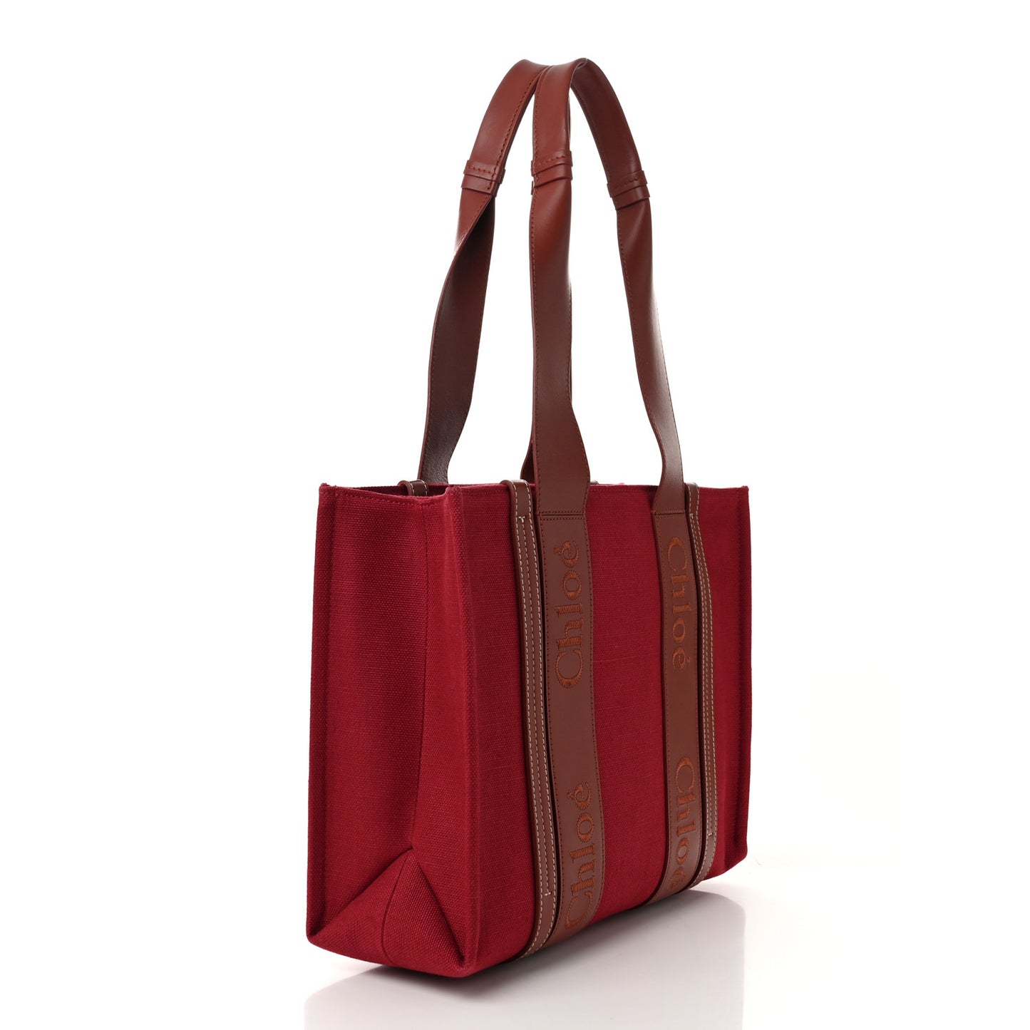 Canvas Calfskin Medium Woody Ribbon Tote Dark Red