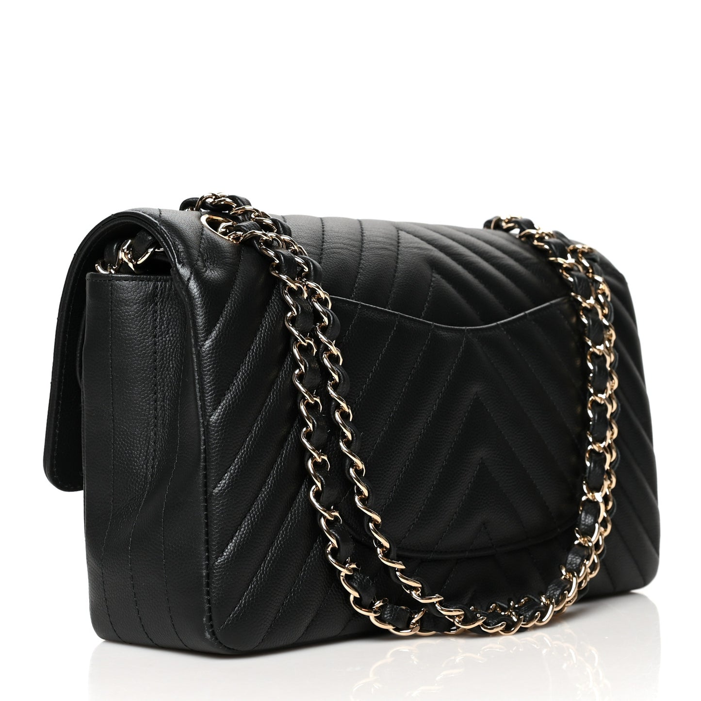 Caviar Chevron Quilted Medium Double Flap Black