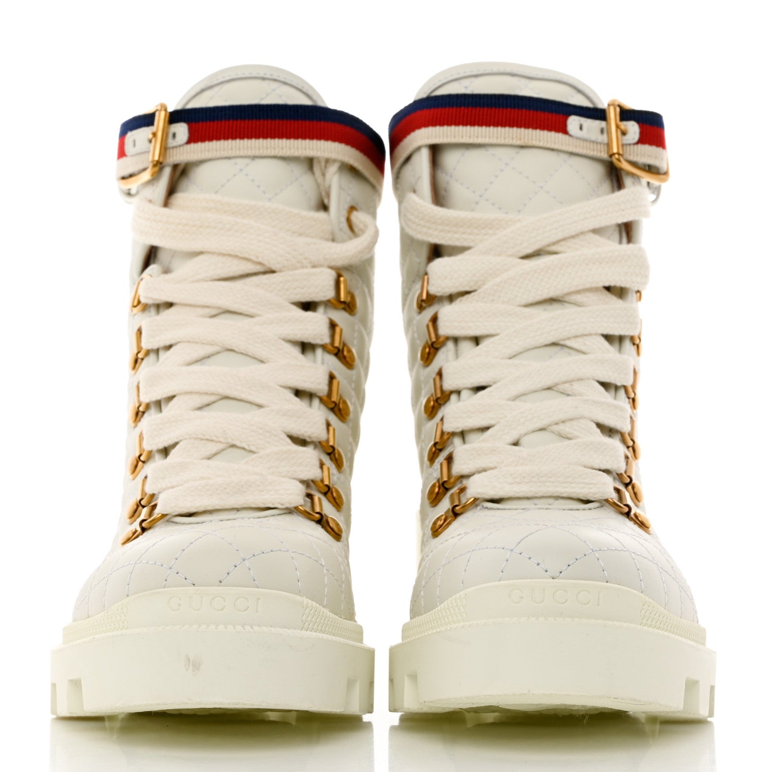 Gucci Calfskin Quilted Sylvie Web Lace Up Combat Ankle Boots 38.5 White 2 of 12