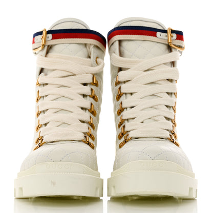 Gucci Calfskin Quilted Sylvie Web Lace Up Combat Ankle Boots 38.5 White 2 of 12