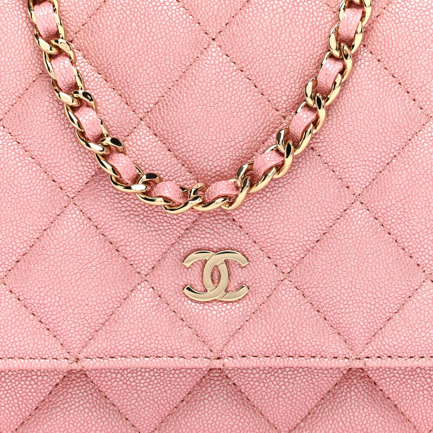Iridescent Caviar Quilted Wallet on Chain WOC Rose Pink