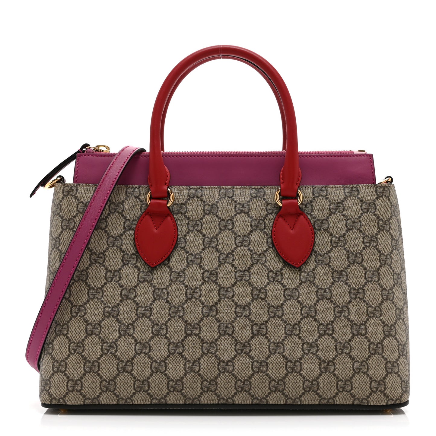 GG Supreme Monogram Moon Calfskin Small Zip Top Tote Beige Ebony Hibiscus Red New Rosette