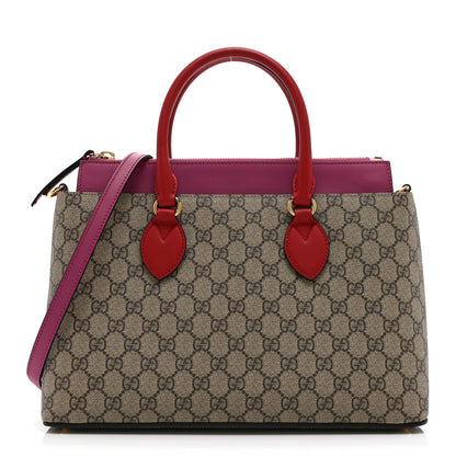 Gucci GG Supreme Monogram Moon Calfskin Small Zip Top Tote Beige Ebony Hibiscus Red New Rosette 1 of 11