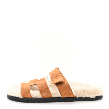 Hermes Suede Goatskin Woolskin Womens Chypre Sandals 38 Brun Fume Ecru 1 of 8