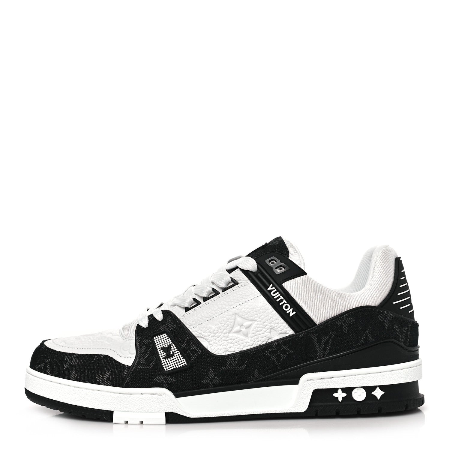 Louis Vuitton Calfskin Embossed Monogram Denim Mens LV Trainer Sneakers 12 Black 1 of 8