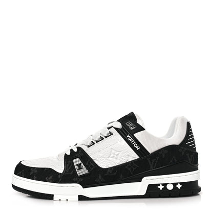 Louis Vuitton Calfskin Embossed Monogram Denim Mens LV Trainer Sneakers 12 Black 1 of 8