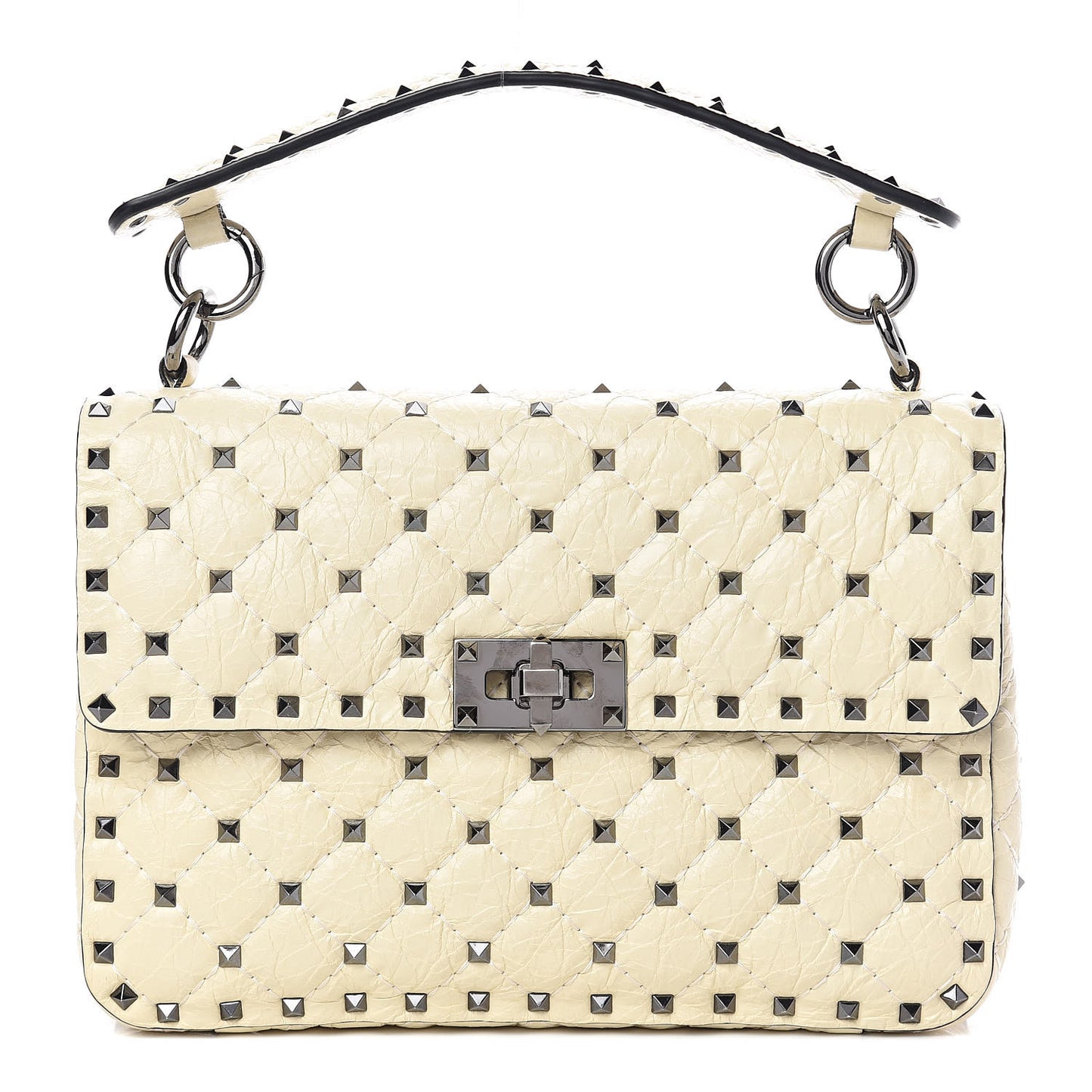 Craquele Nappa Medium Rockstud Spike Shoulder Bag Light Ivory