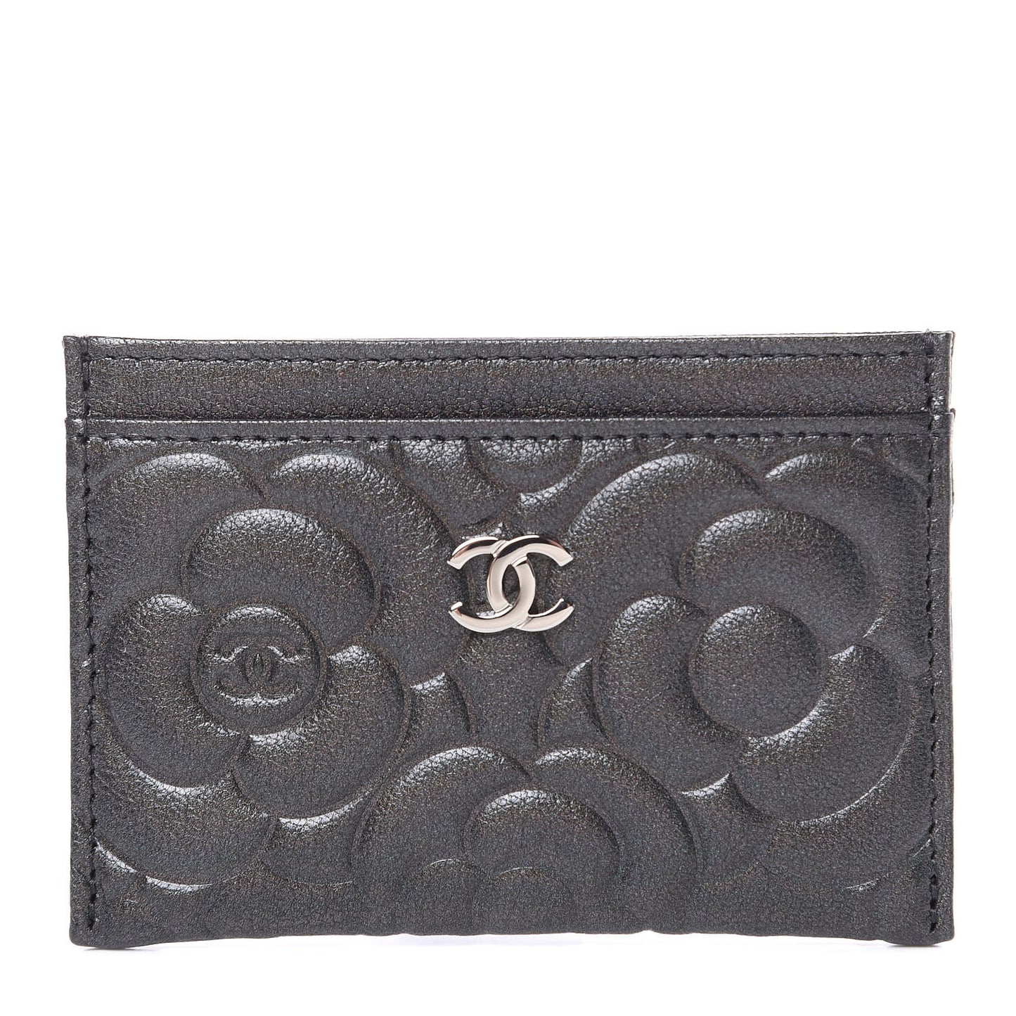 Goatskin Camellia Embossed Card Holder Grey