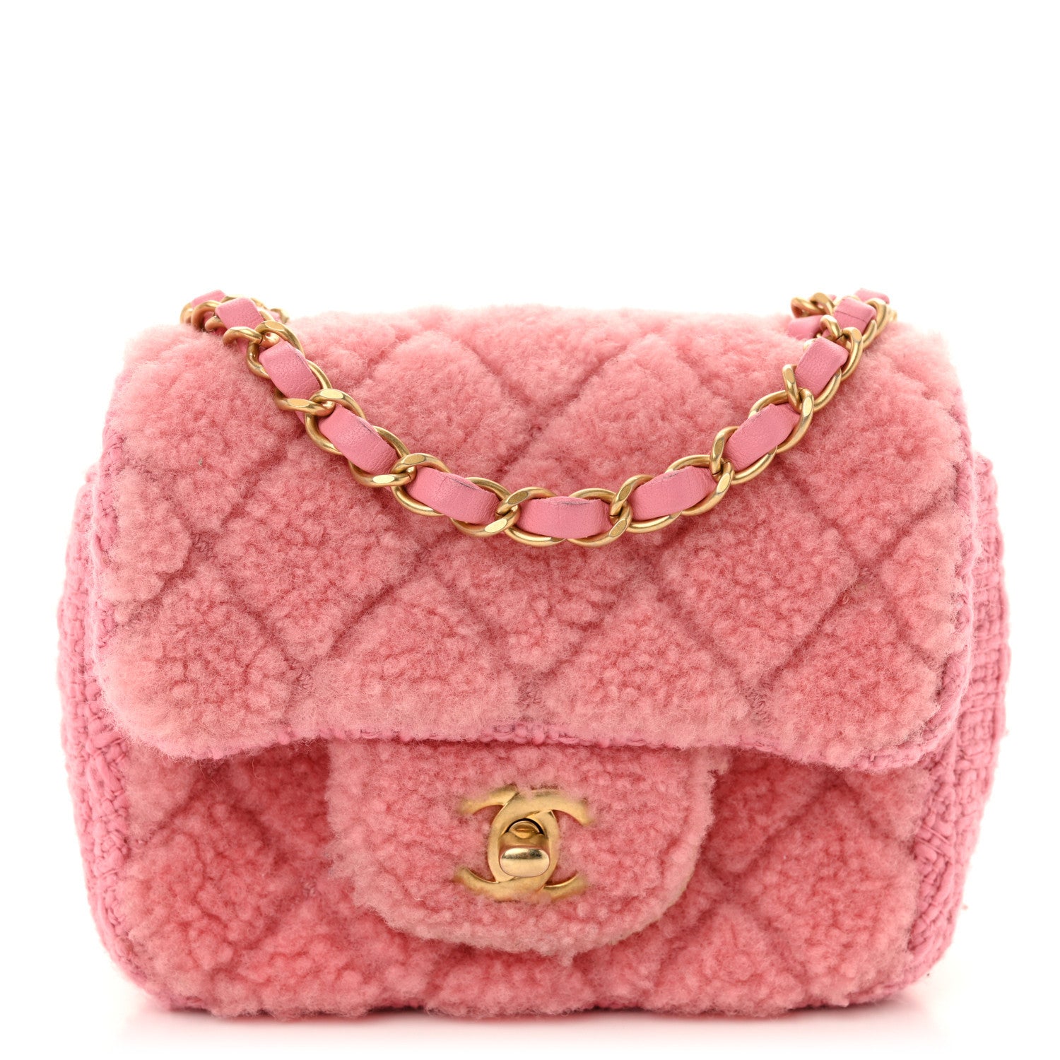 Chanel Shearling Tweed Quilted Mini Square Flap Bag Light Pink 1 of 11