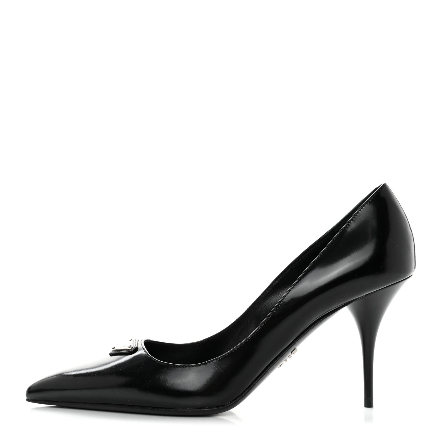 Prada Spazzolato Metal Triangle Logo Pointed Toe Pumps 37 Black 1 of 7