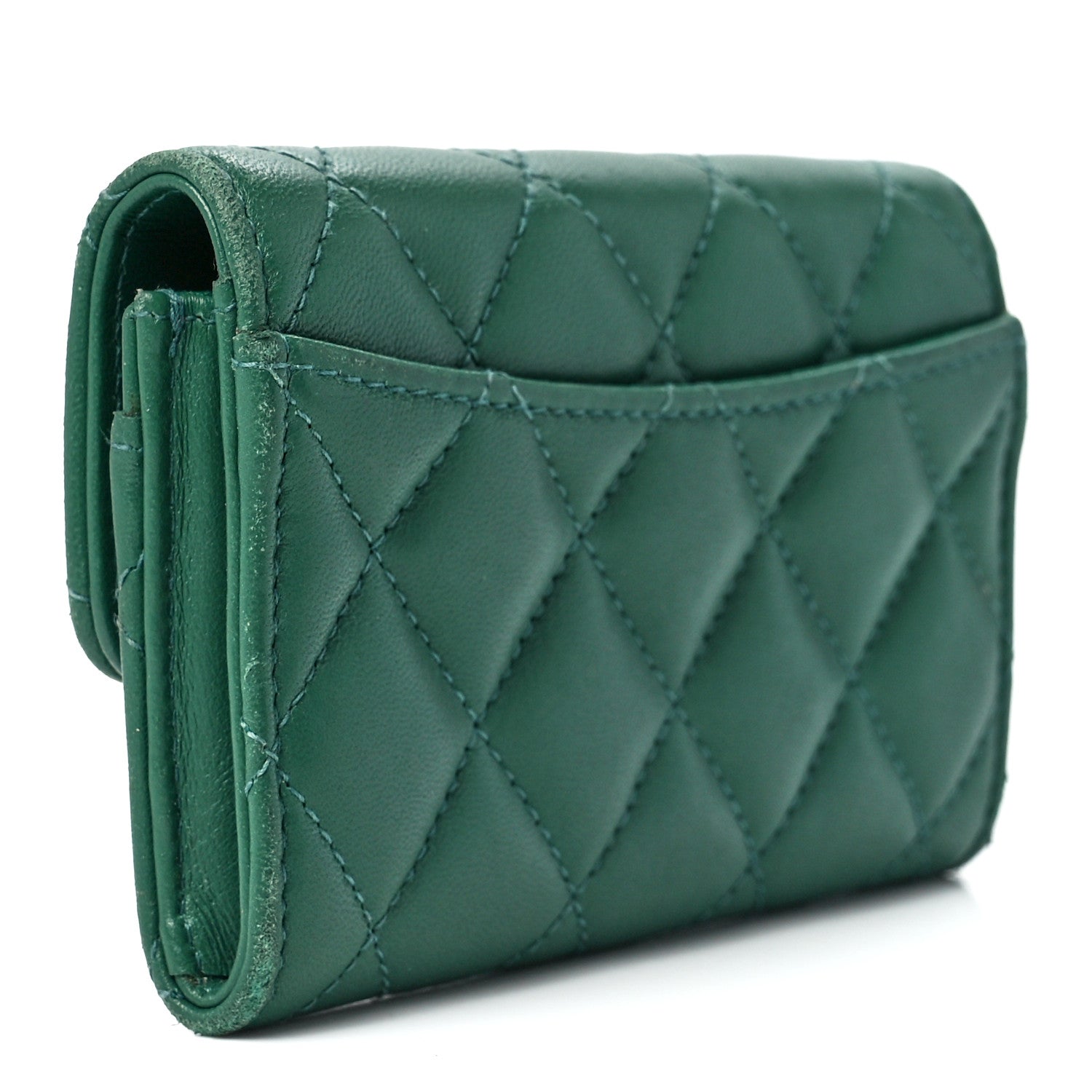 Chanel Lambskin Quilted Flap Card Holder Wallet Green 3 of 12