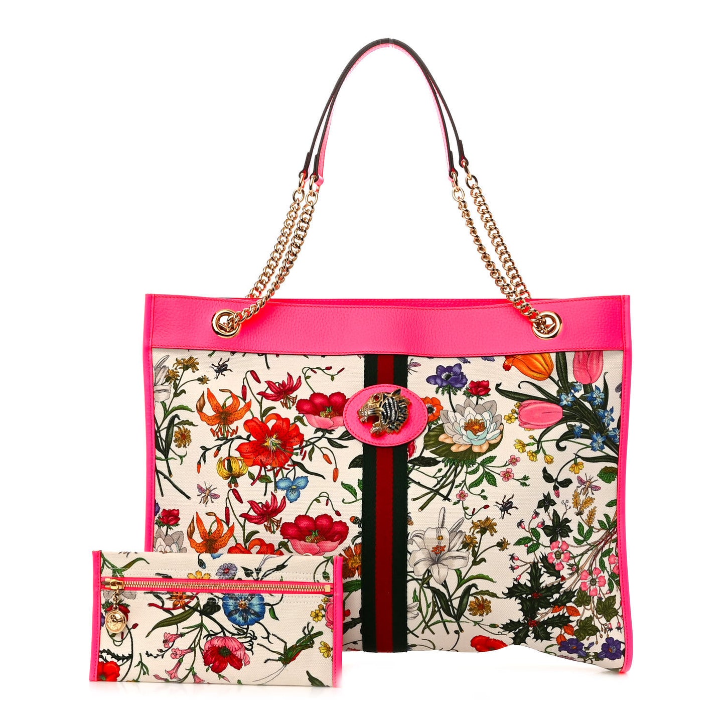 Canvas Flora Large Rajah Chain Tote White Multicolor Fuxia Fluo