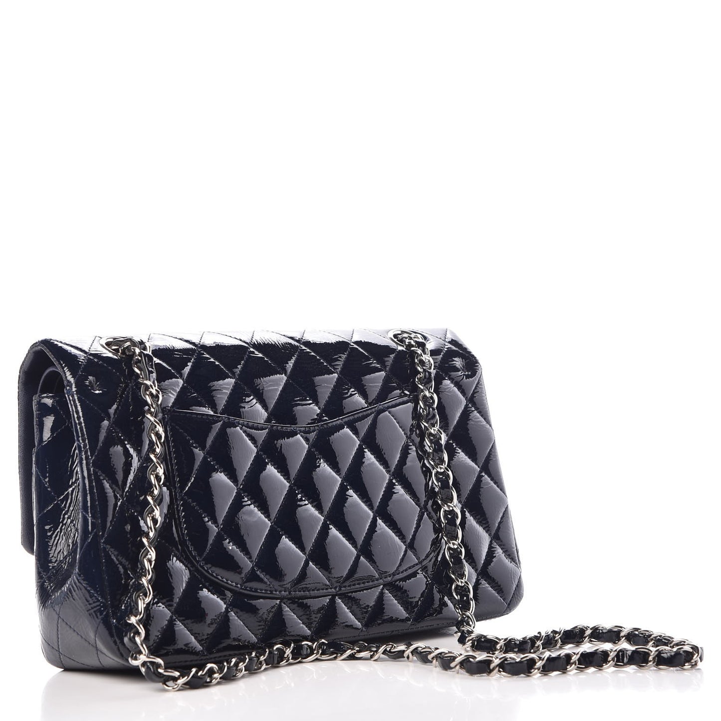 Patent Quilted Medium Double Flap Navy Blue