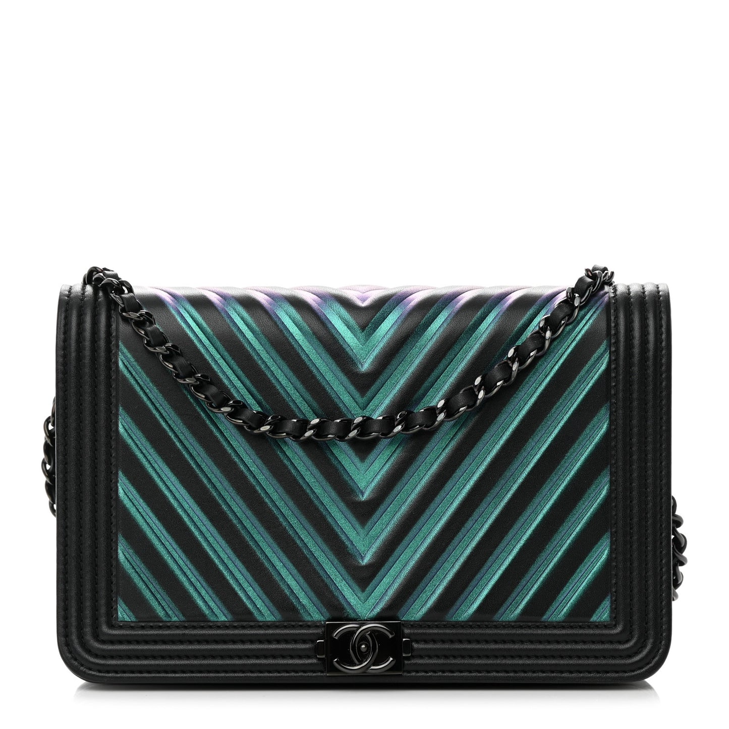 Calfskin Painted Chevron Embossed Boy Wallet On Chain WOC Black