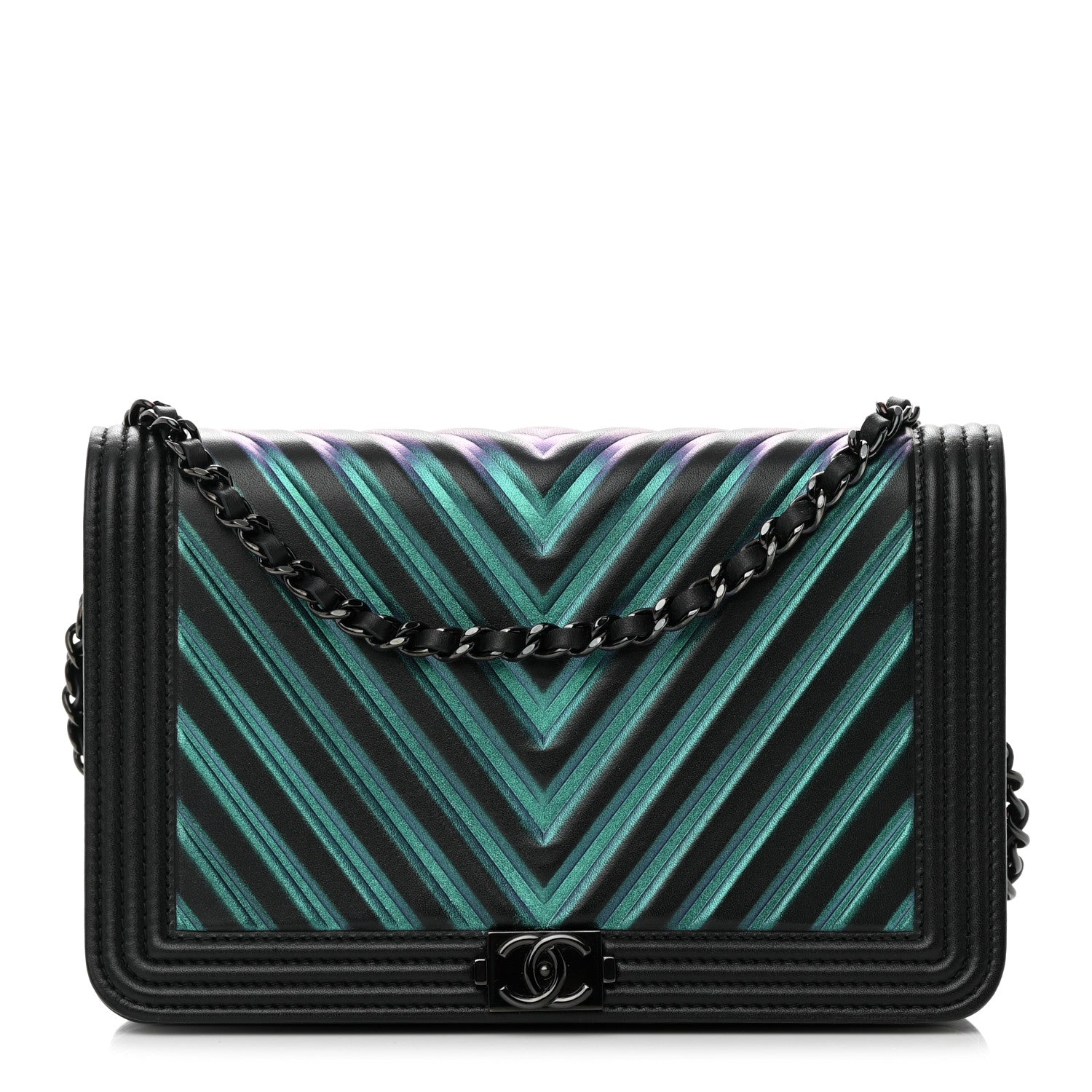 Chanel Calfskin Painted Chevron Embossed Boy Wallet On Chain WOC Black 1 of 15