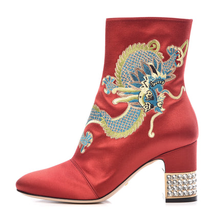 Gucci Silk Satin Malaga Kid Embroidered Candy Dragon Block-Heel Ankle Boot 36 Red 2 of 15