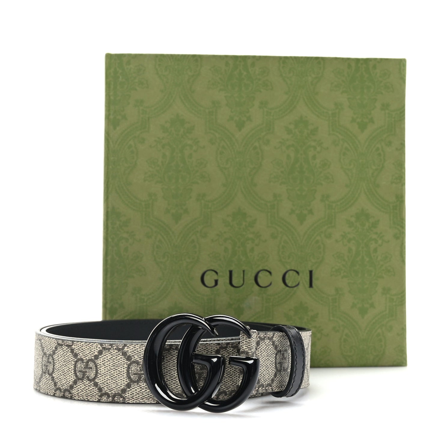 GG Supreme Monogram Plutone Calfskin Enamel Double G 30mm Belt 80 32 Beige Ebony Black