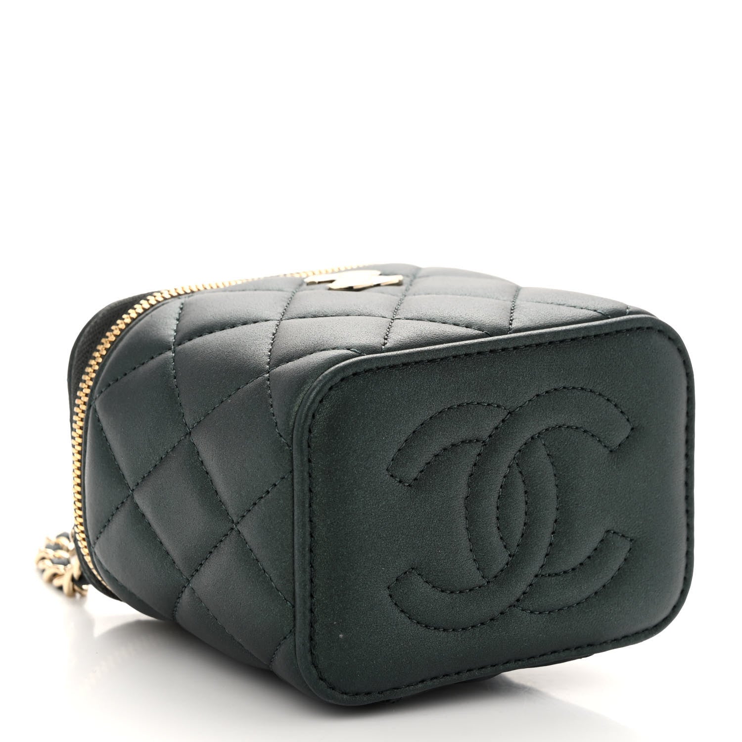 Chanel Iridescent Lambskin Quilted Mini Top Handle Vanity Case With Chain Dark Green 4 of 10