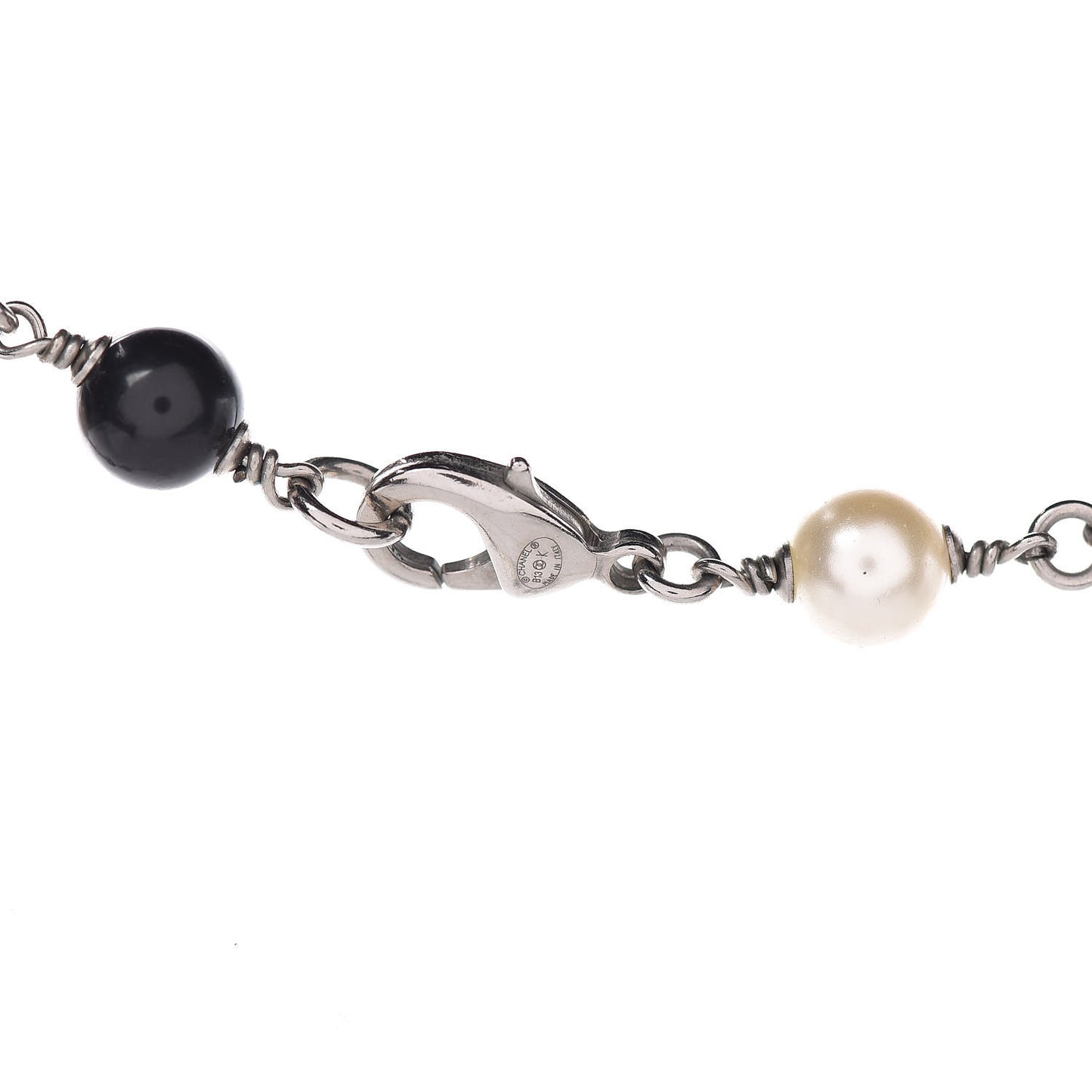 Pearl Bead Enamel CC Long Necklace Black Silver