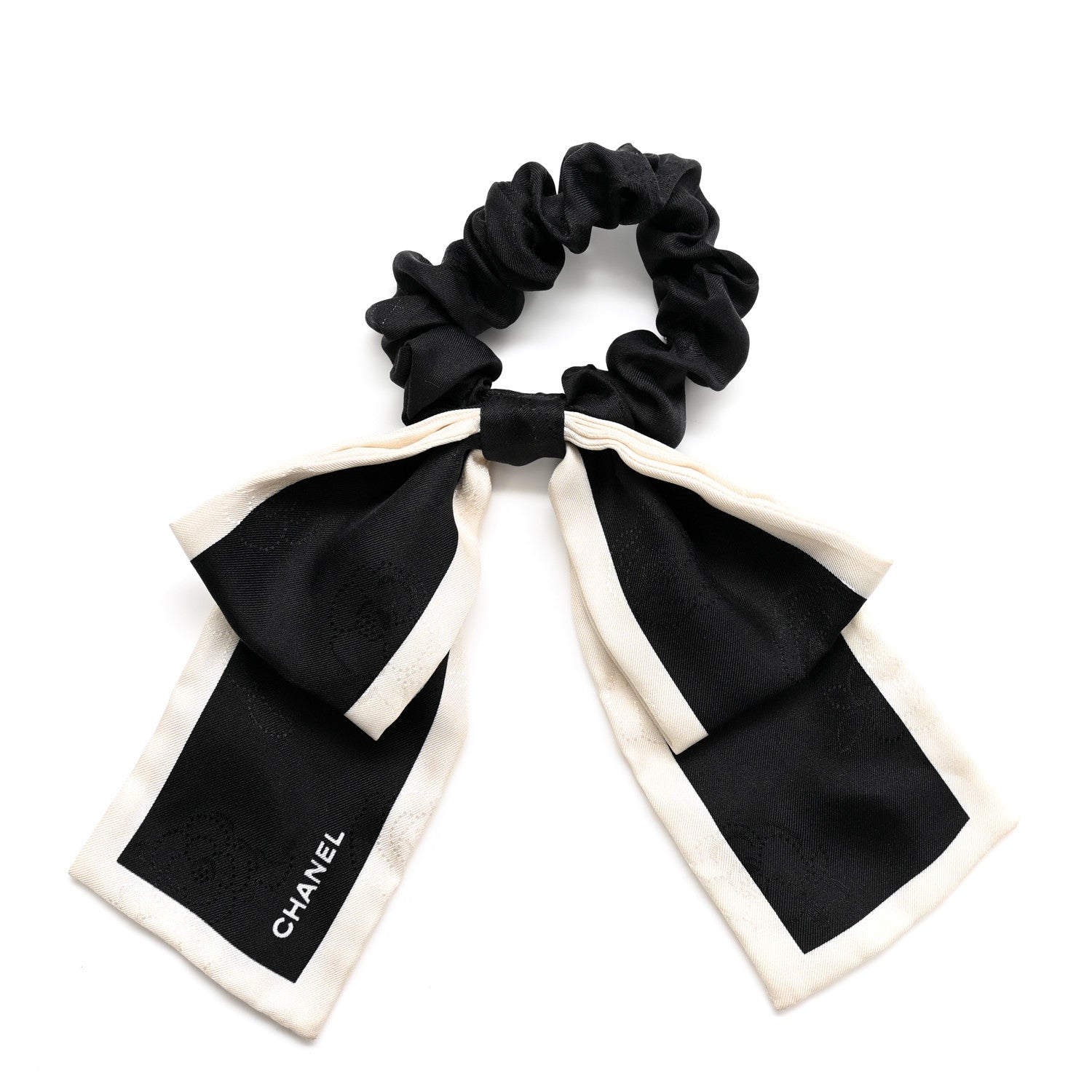 Chanel Silk Hair Tie Black Ivory 1 of 6