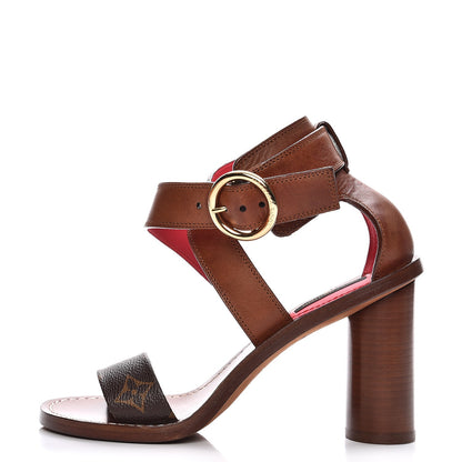 Louis Vuitton Calfskin Monogram Ocean Drive Heeled Sandals 36 Cognac 1 of 11