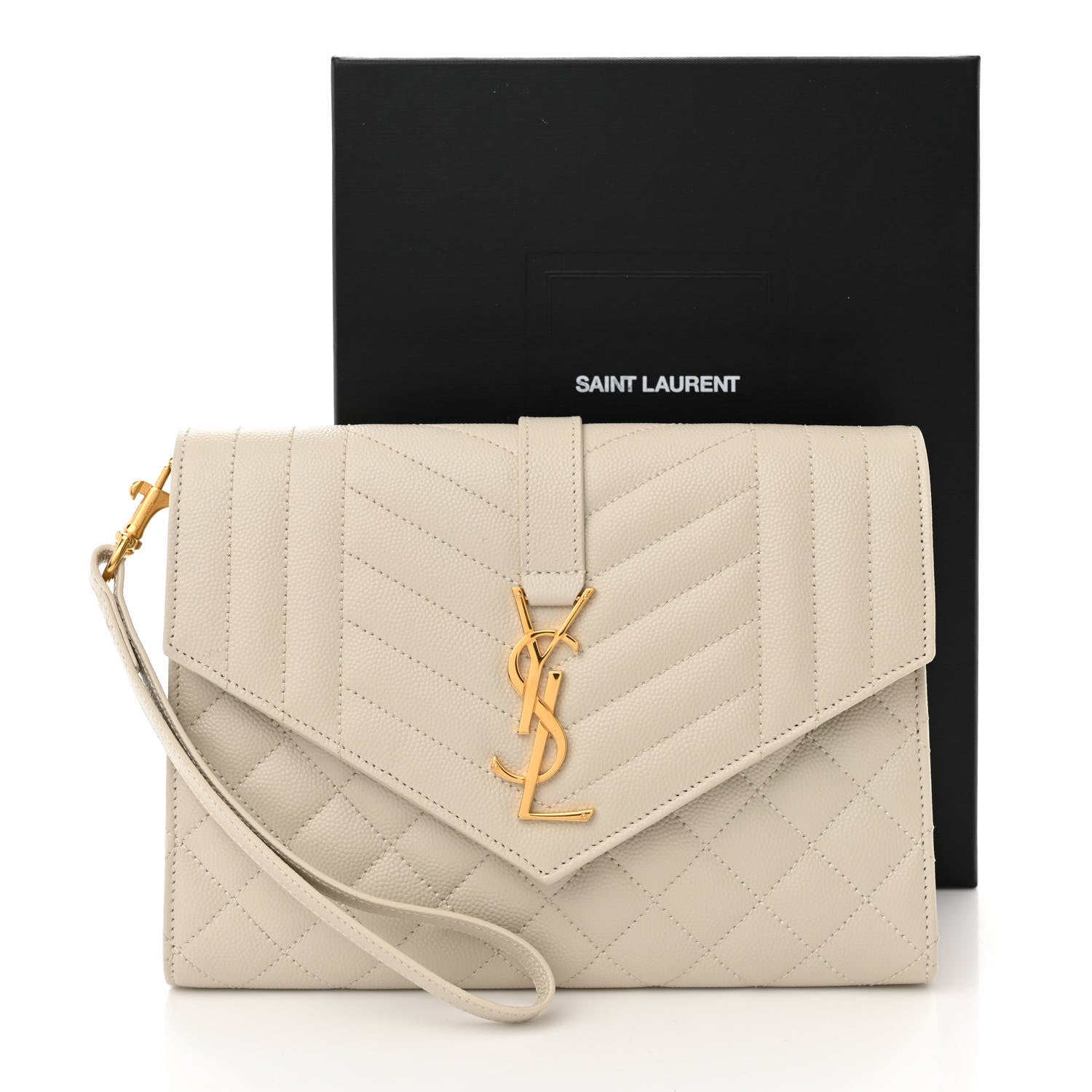 Saint Laurent Grain De Poudre Textured Mixed Matelasse Triquilt Monogram Clutch Blanc Vintage 7 of 7
