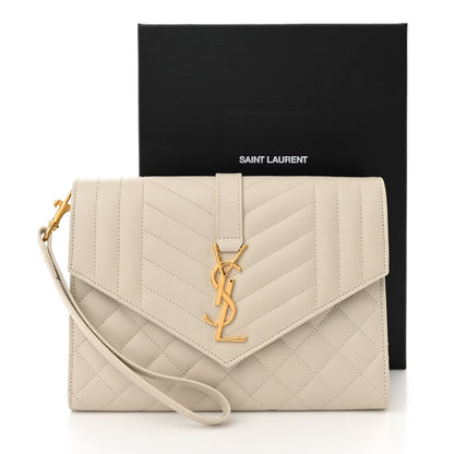 Saint Laurent Grain De Poudre Textured Mixed Matelasse Triquilt Monogram Clutch Blanc Vintage 7 of 7