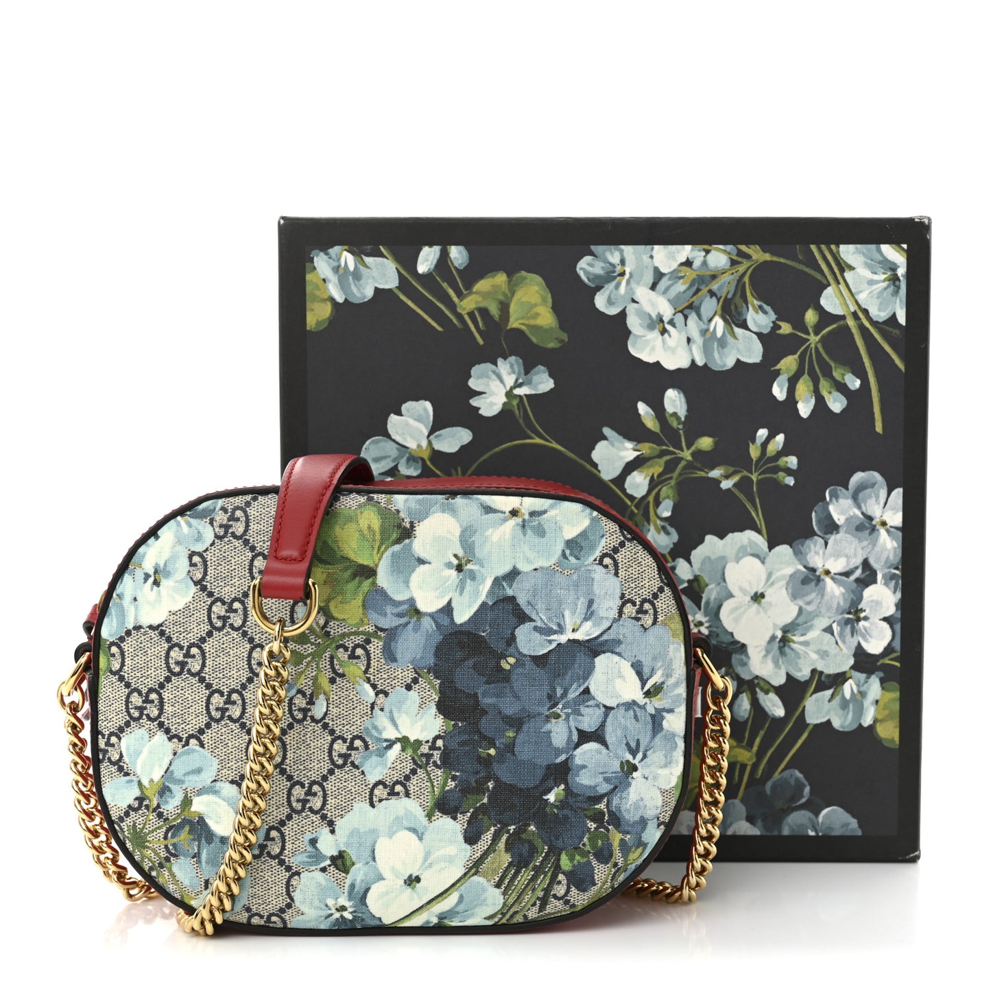 GG Supreme Monogram Blooms Mini Chain Shoulder Bag Beige Blue Navy Hibiscus Red