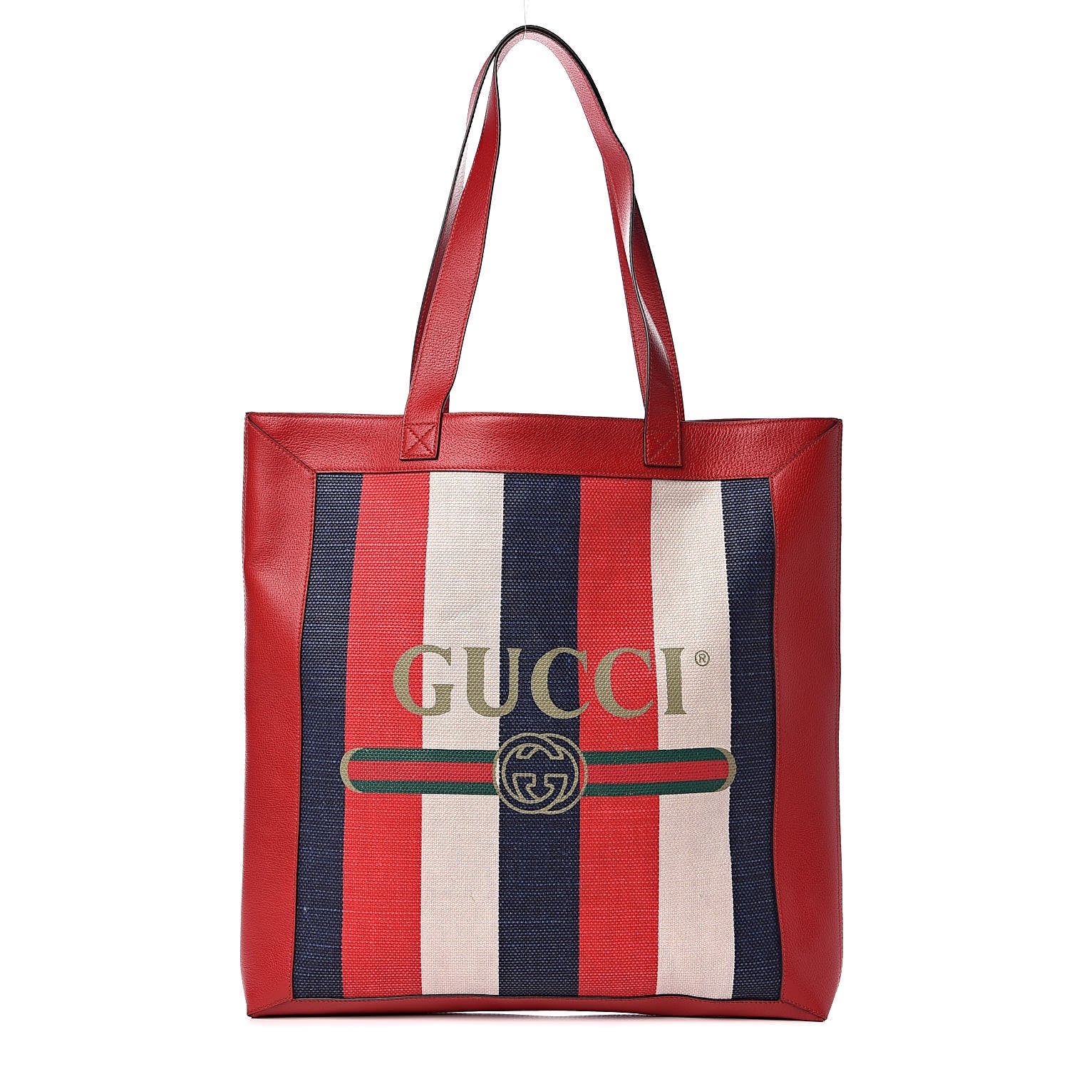 Gucci Canvas Calfskin Sylvie Stripe Logo Mens Tote Red White Blue 1 of 9