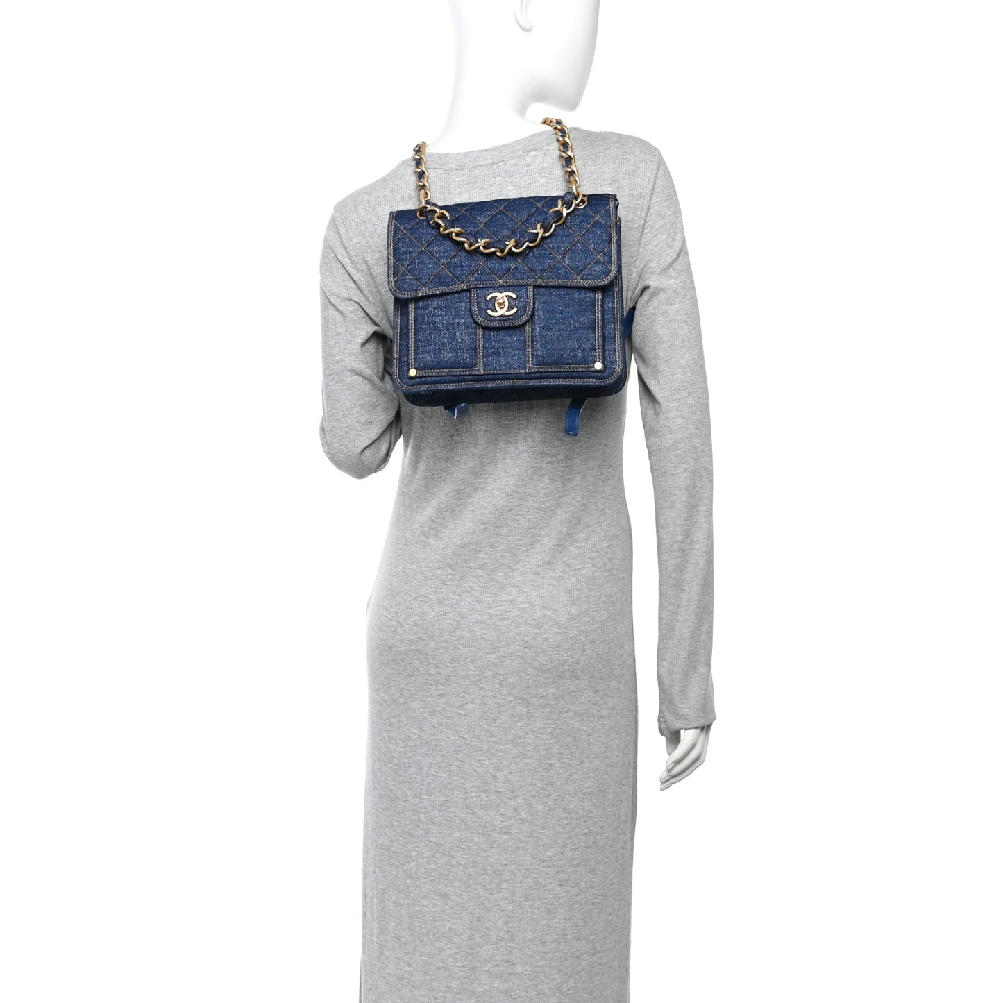 Denim Quilted Double You Backpack Blue Golden
