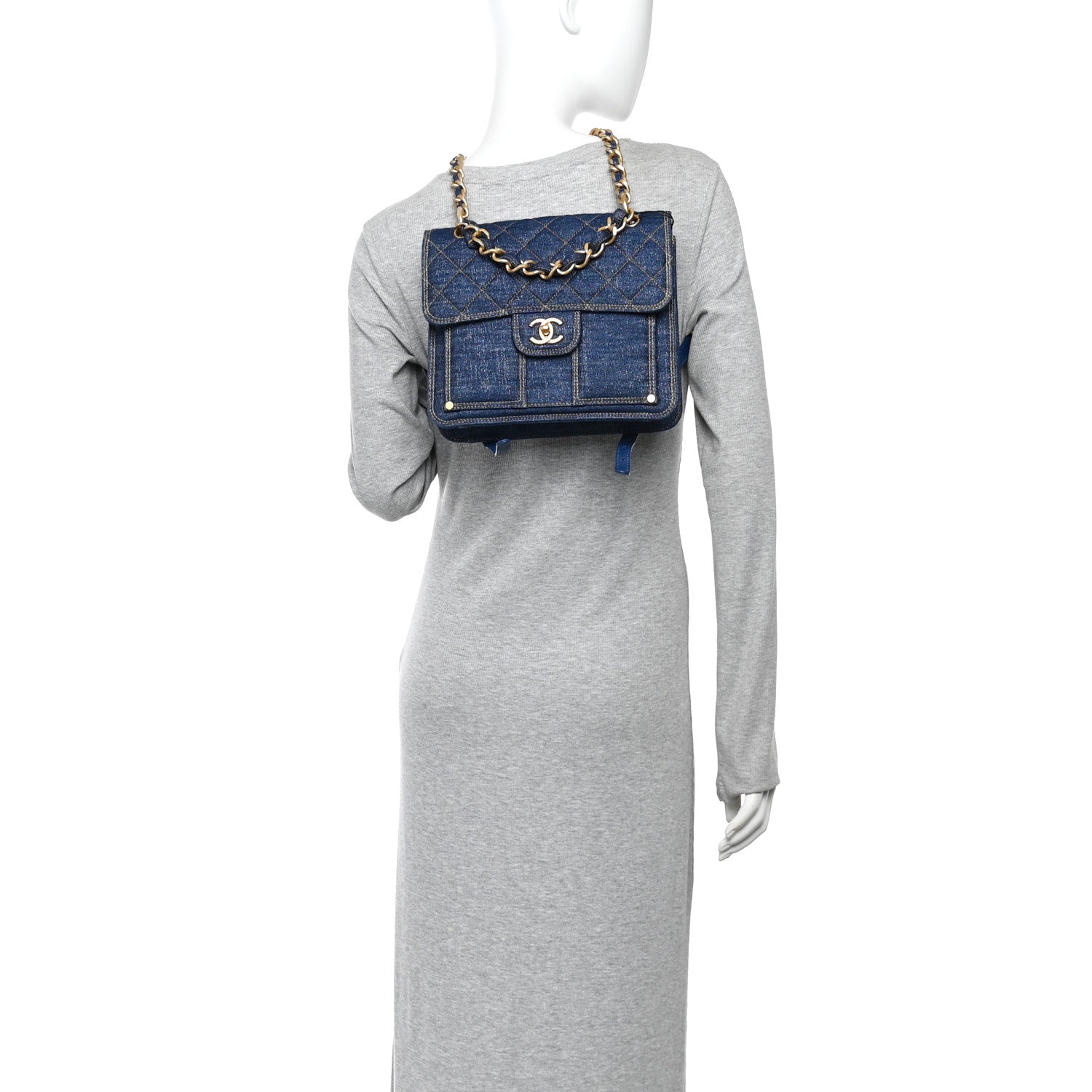 Chanel Denim Quilted Double You Backpack Blue Golden 2 of 10