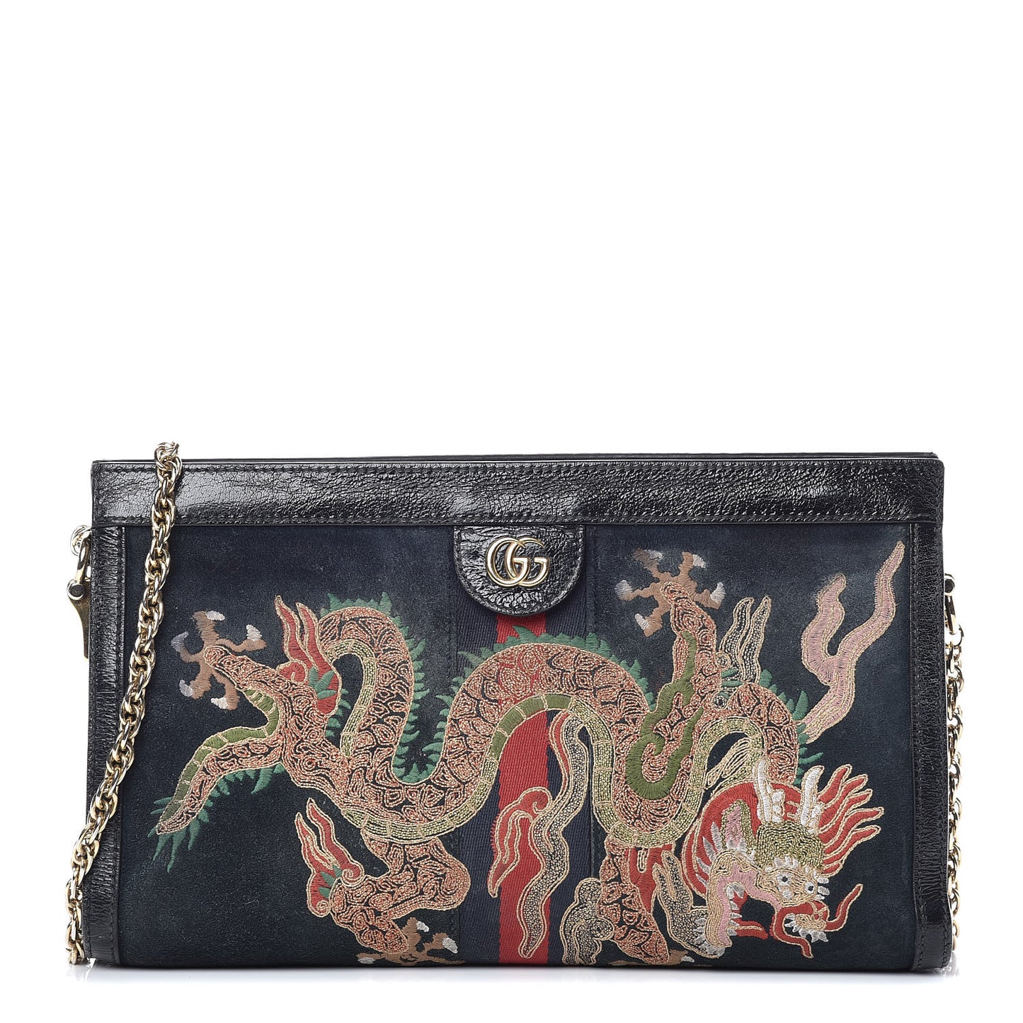 Suede Patent Web Dragon Embroidered Medium Ophidia Chain Shoulder Bag Blue Multicolor Black