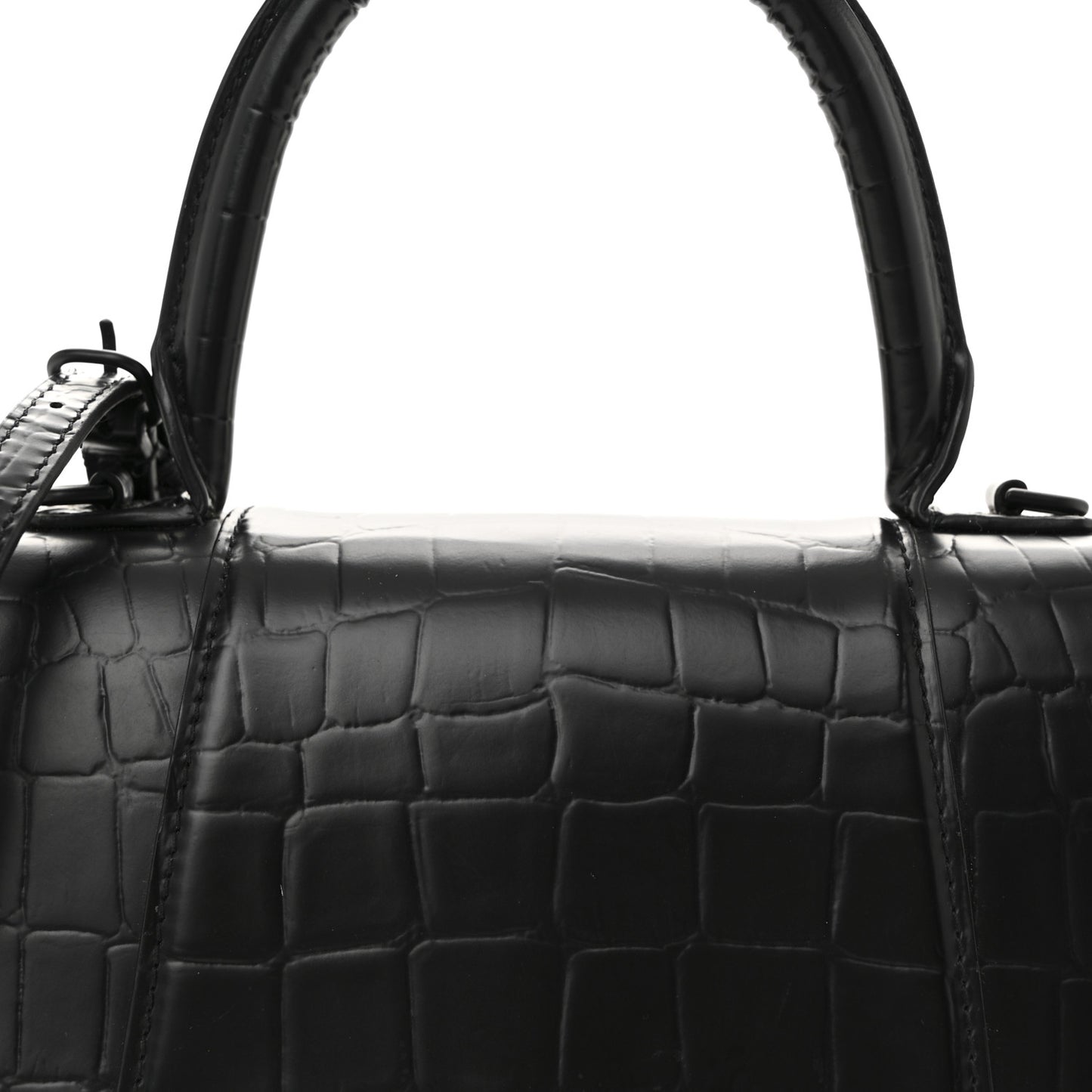 Semi Matte Calfskin Monochrome Crocodile Embossed Small Hourglass Top Handle Bag Black