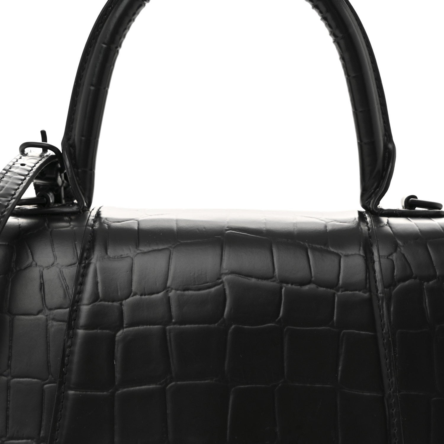 Balenciaga Semi Matte Calfskin Monochrome Crocodile Embossed Small Hourglass Top Handle Bag Black 7 of 9