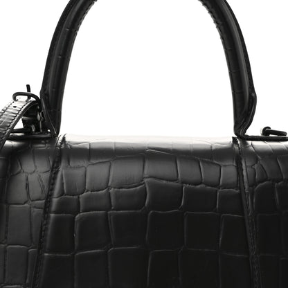 Balenciaga Semi Matte Calfskin Monochrome Crocodile Embossed Small Hourglass Top Handle Bag Black 7 of 9