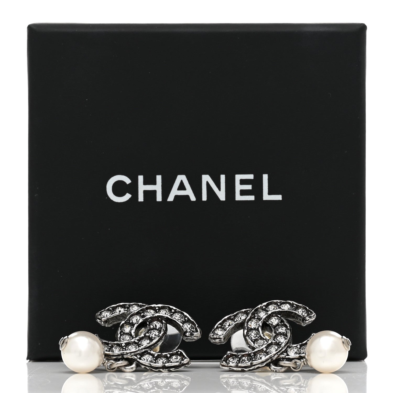 Chanel Crystal Pearl CC Drop Earrings Silver 5 of 5