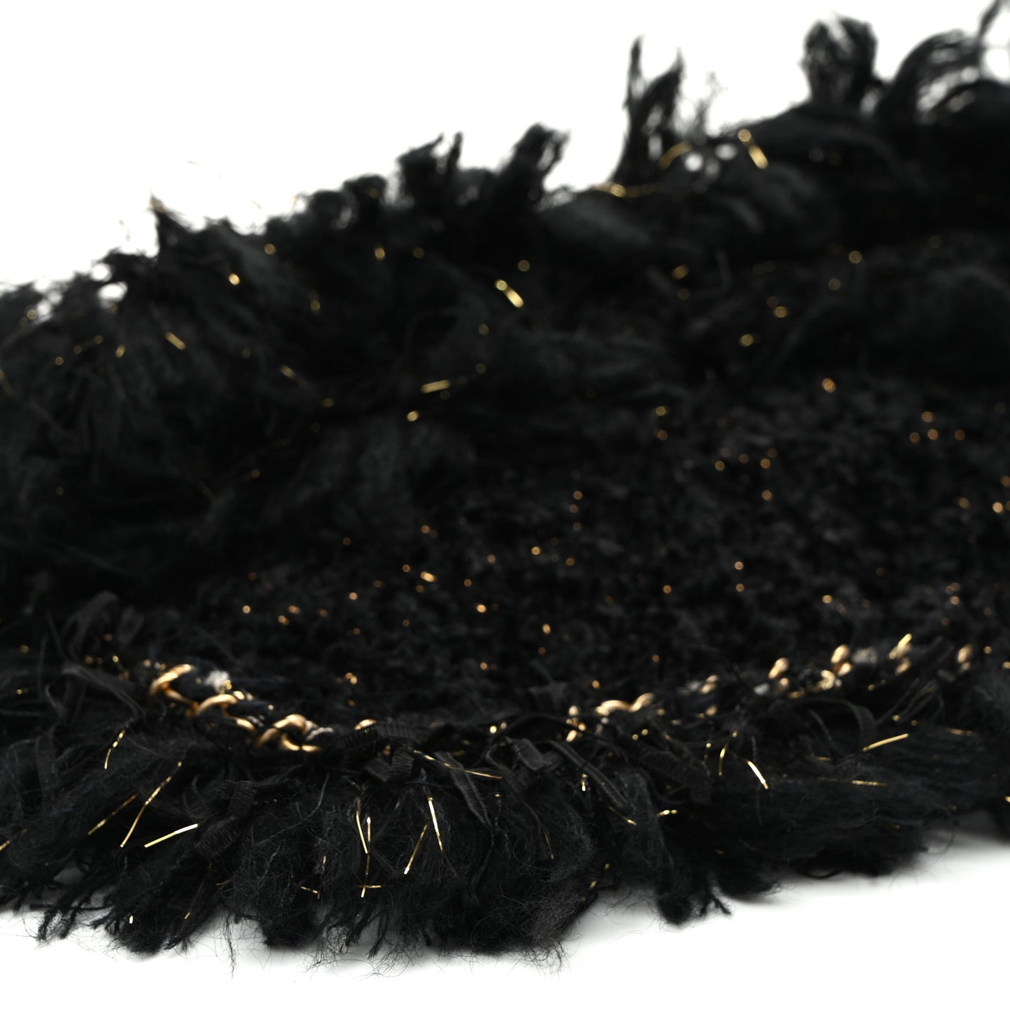Tweed Fringe Quilted Chain Around Flap Clutch Black Gold
