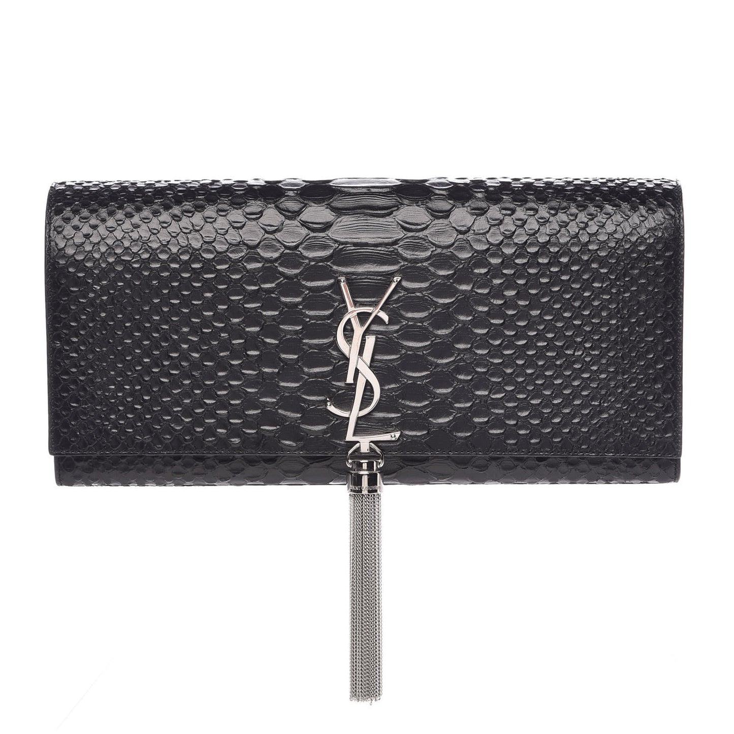 Python Calfskin Embossed Classic Monogram Tassel Clutch Black