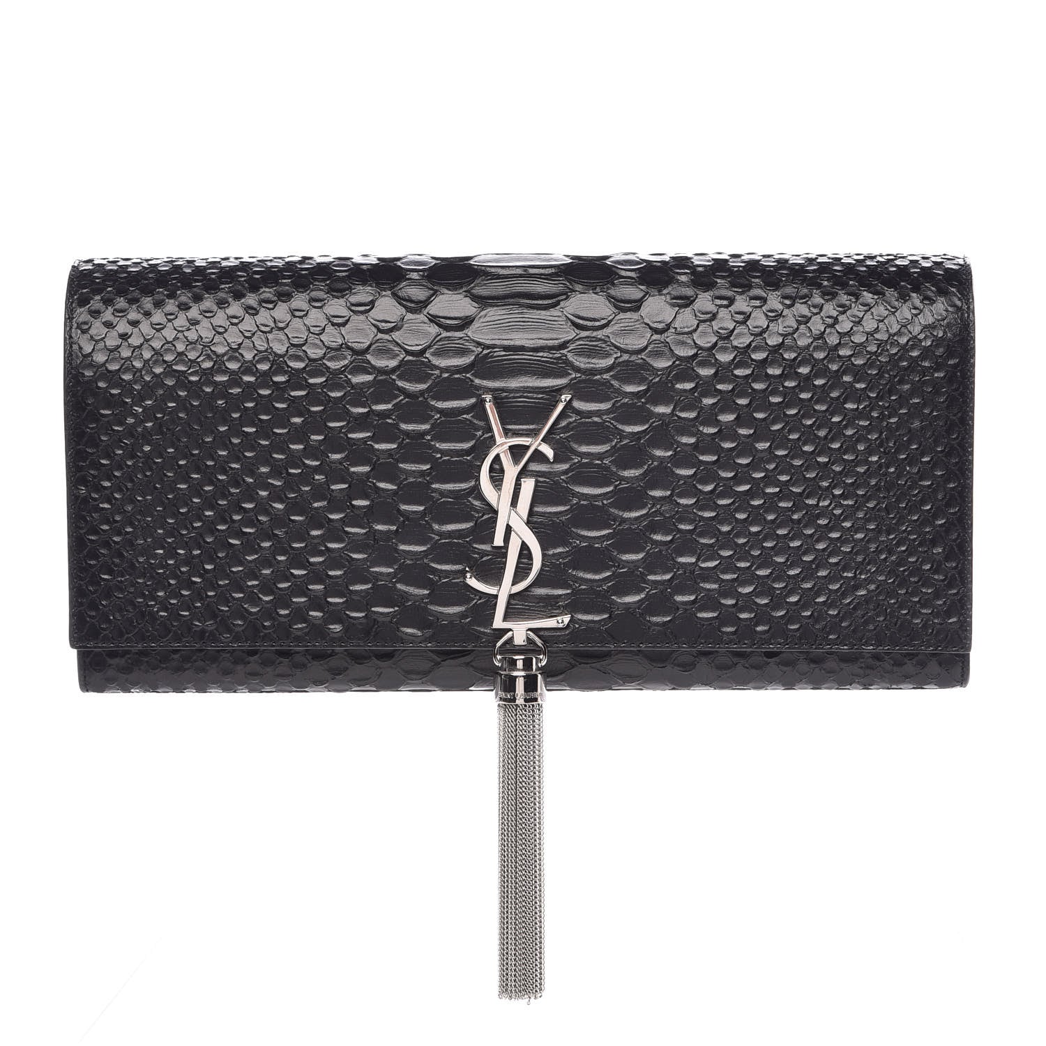 Saint Laurent Python Calfskin Embossed Classic Monogram Tassel Clutch Black 1 of 10