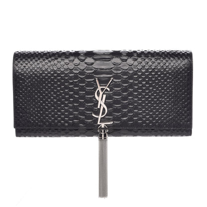 Saint Laurent Python Calfskin Embossed Classic Monogram Tassel Clutch Black 1 of 10