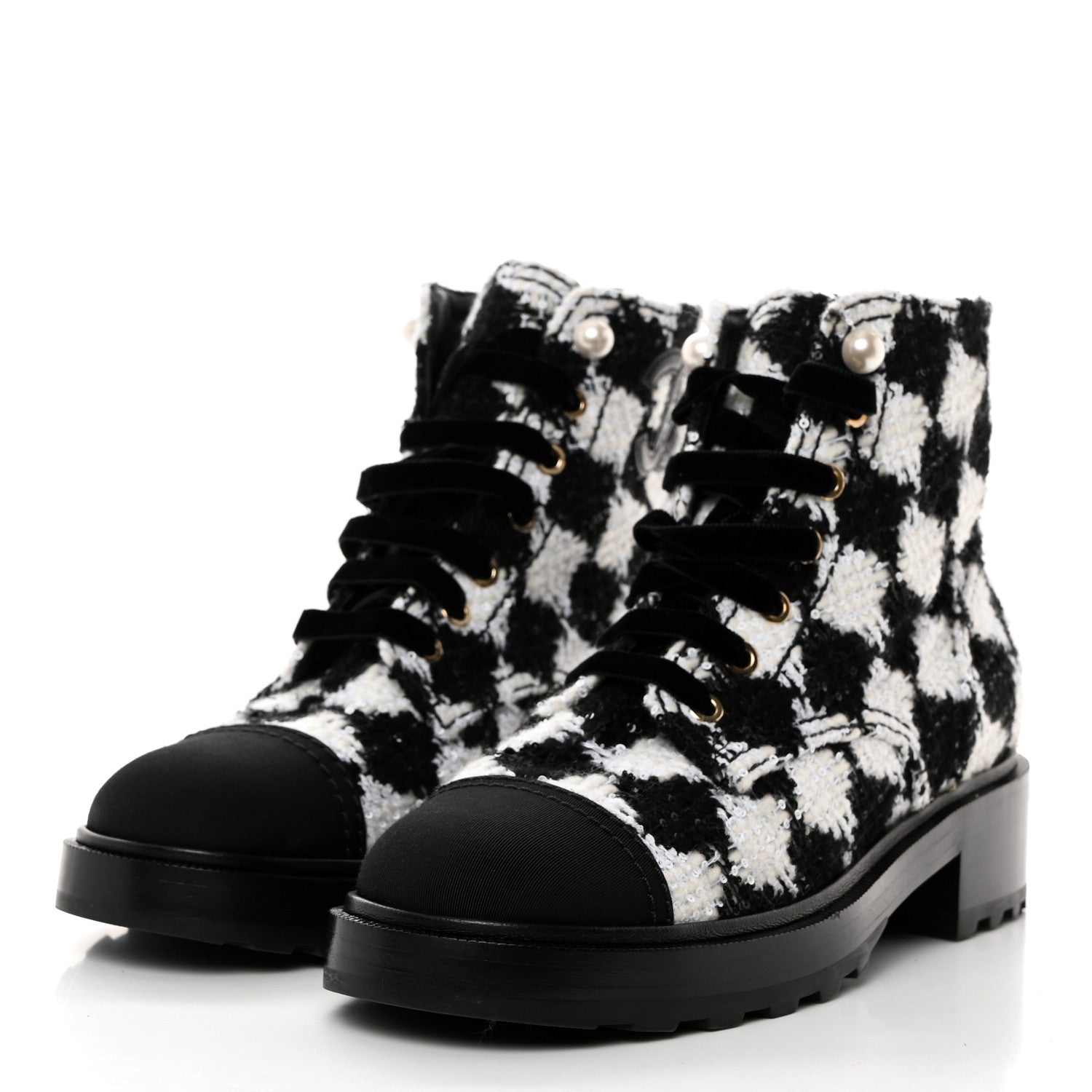 Chanel Tweed Grosgrain Pearl Combat Short Boots 38.5 White Black 3 of 9