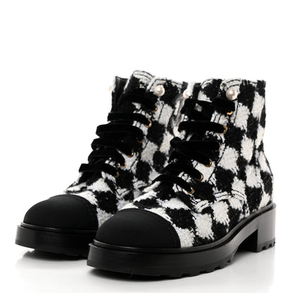 Chanel Tweed Grosgrain Pearl Combat Short Boots 38.5 White Black 3 of 9