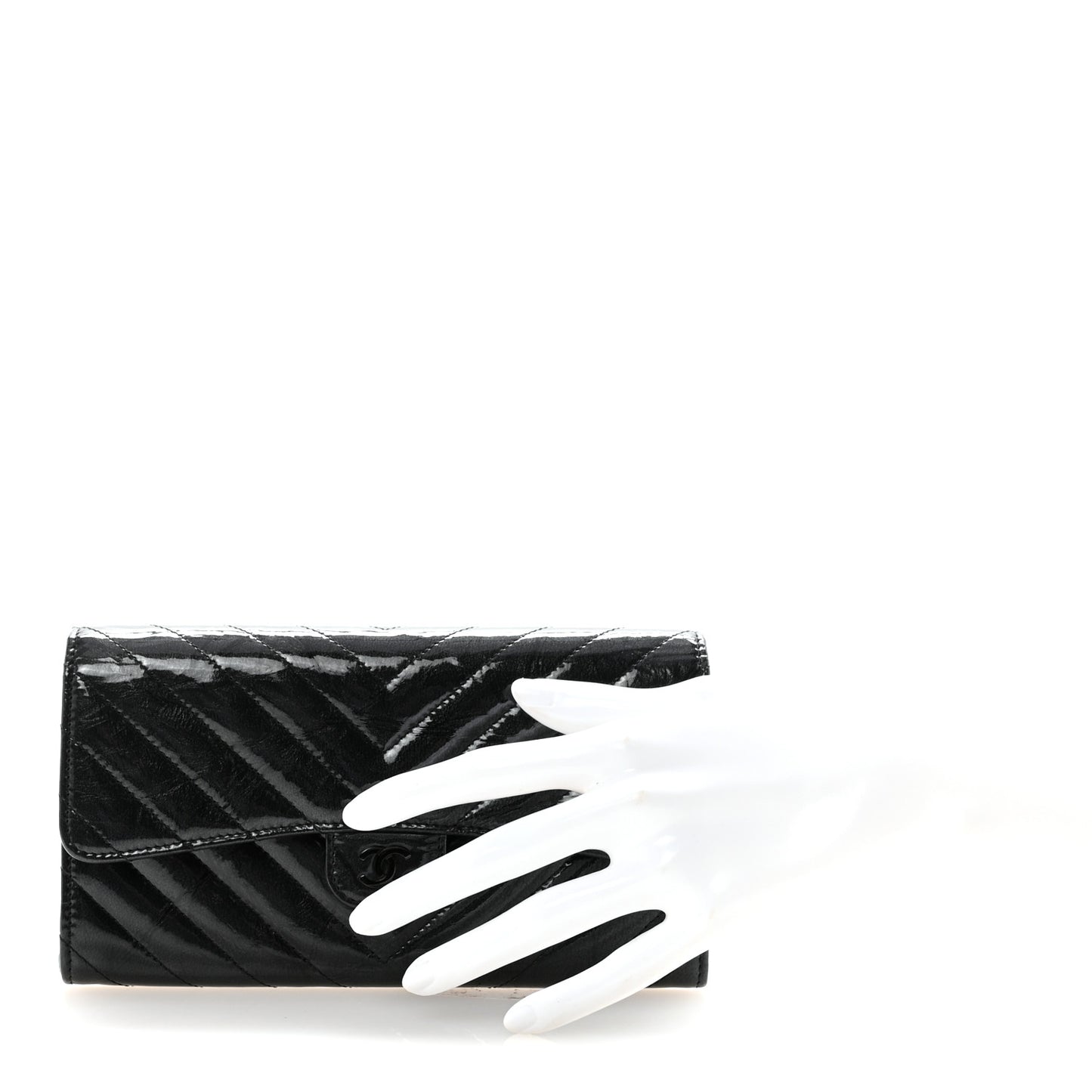 Patent Metallic Crumpled Calfskin Chevron Quilted Large Gusset Flap Wallet So Black