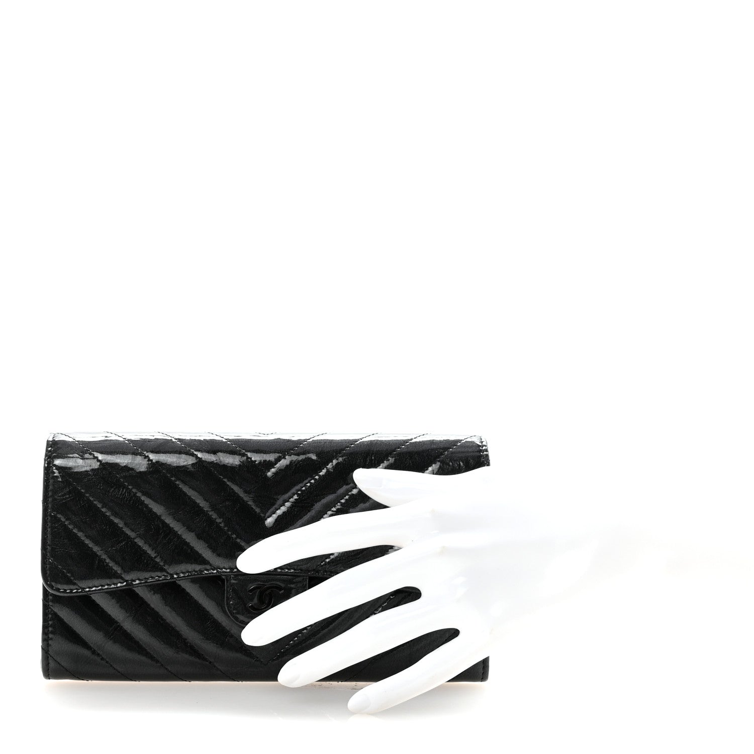 Chanel Patent Metallic Crumpled Calfskin Chevron Quilted Large Gusset Flap Wallet So Black 2 of 9