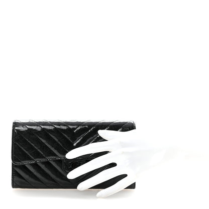 Chanel Patent Metallic Crumpled Calfskin Chevron Quilted Large Gusset Flap Wallet So Black 2 of 9