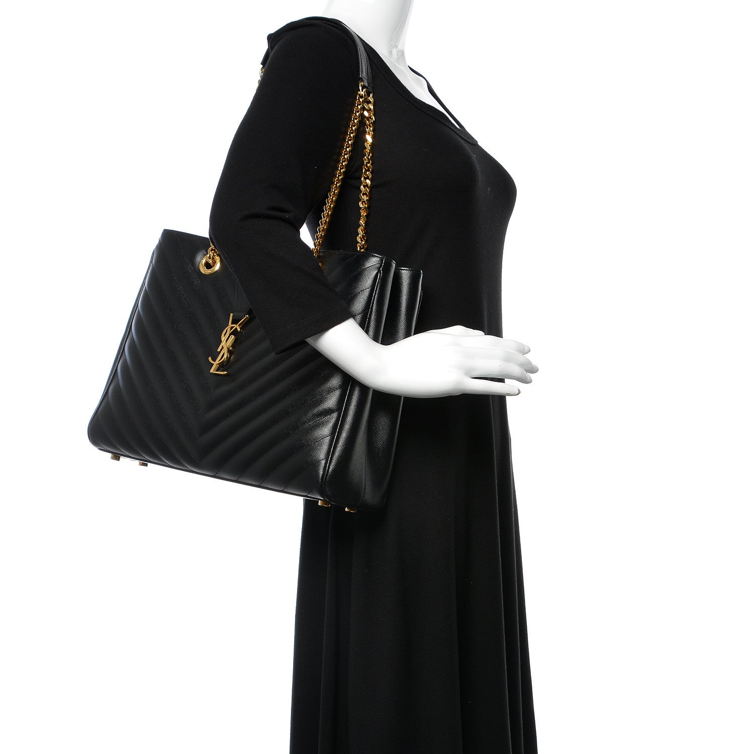 Saint Laurent Grain De Poudre Matelasse Chevron Monogram Shopping Bag Black 2 of 10