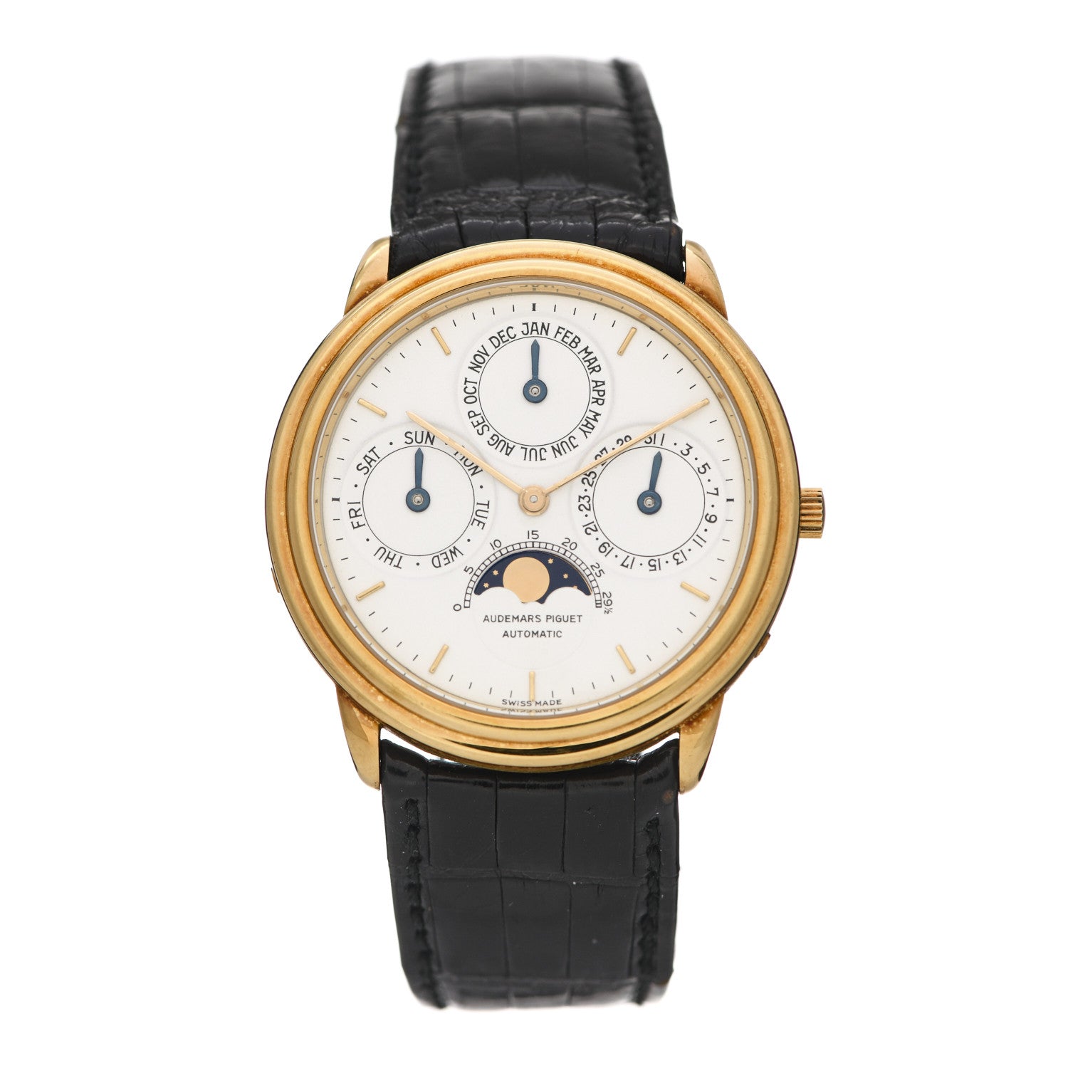 Audemars Piguet 18K Yellow Gold Alligator 36mm Quantieme Perpetual Calendar Automatic Watch 25657BA 1 of 7