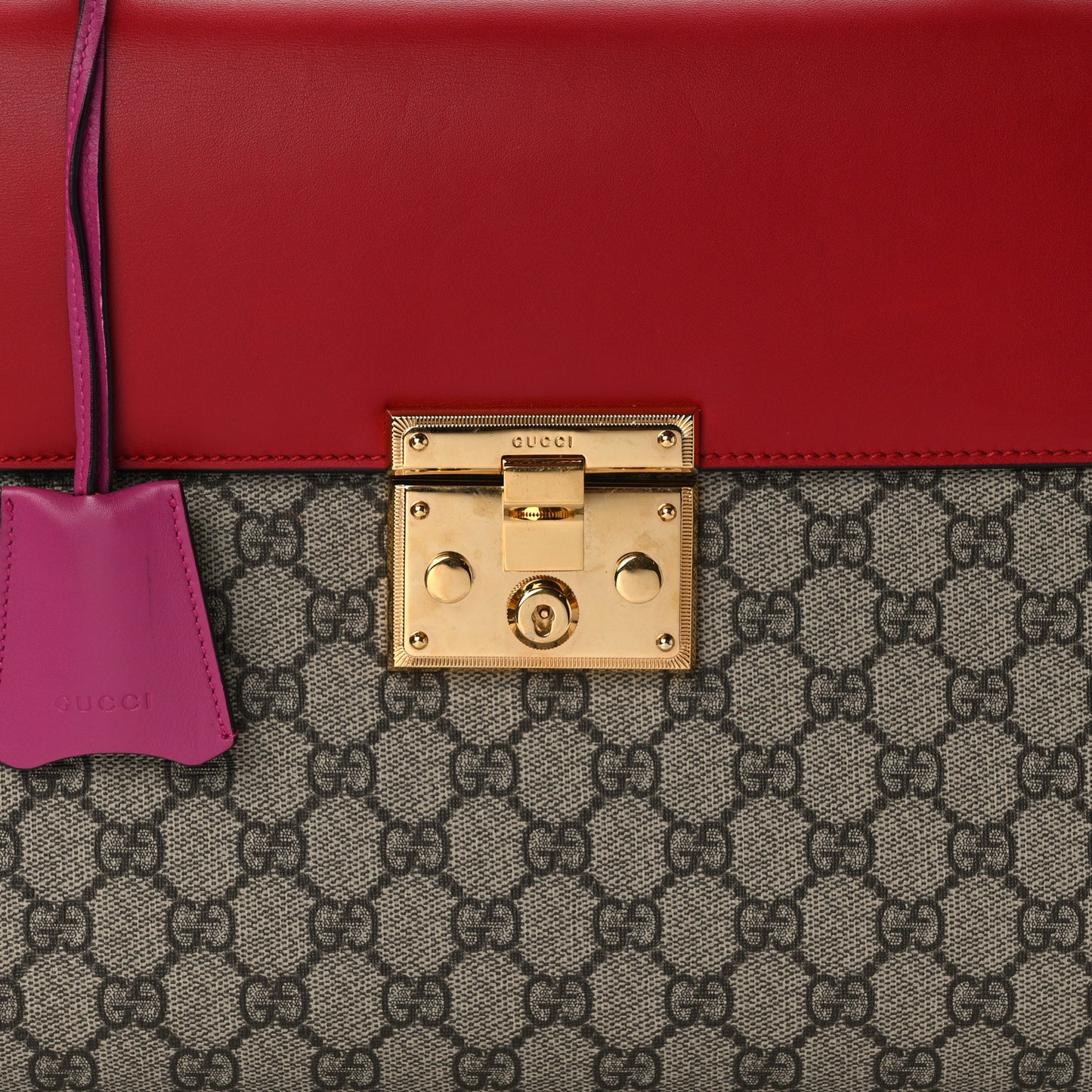 GG Supreme Monogram Calfskin Medium Padlock Top Handle Bag Beige Hibiscus Red New Rosette