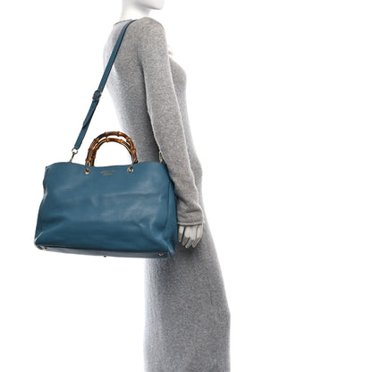 Gucci Pebbled Calfskin Large Bamboo Shopper Tote Light Blue 2 of 12