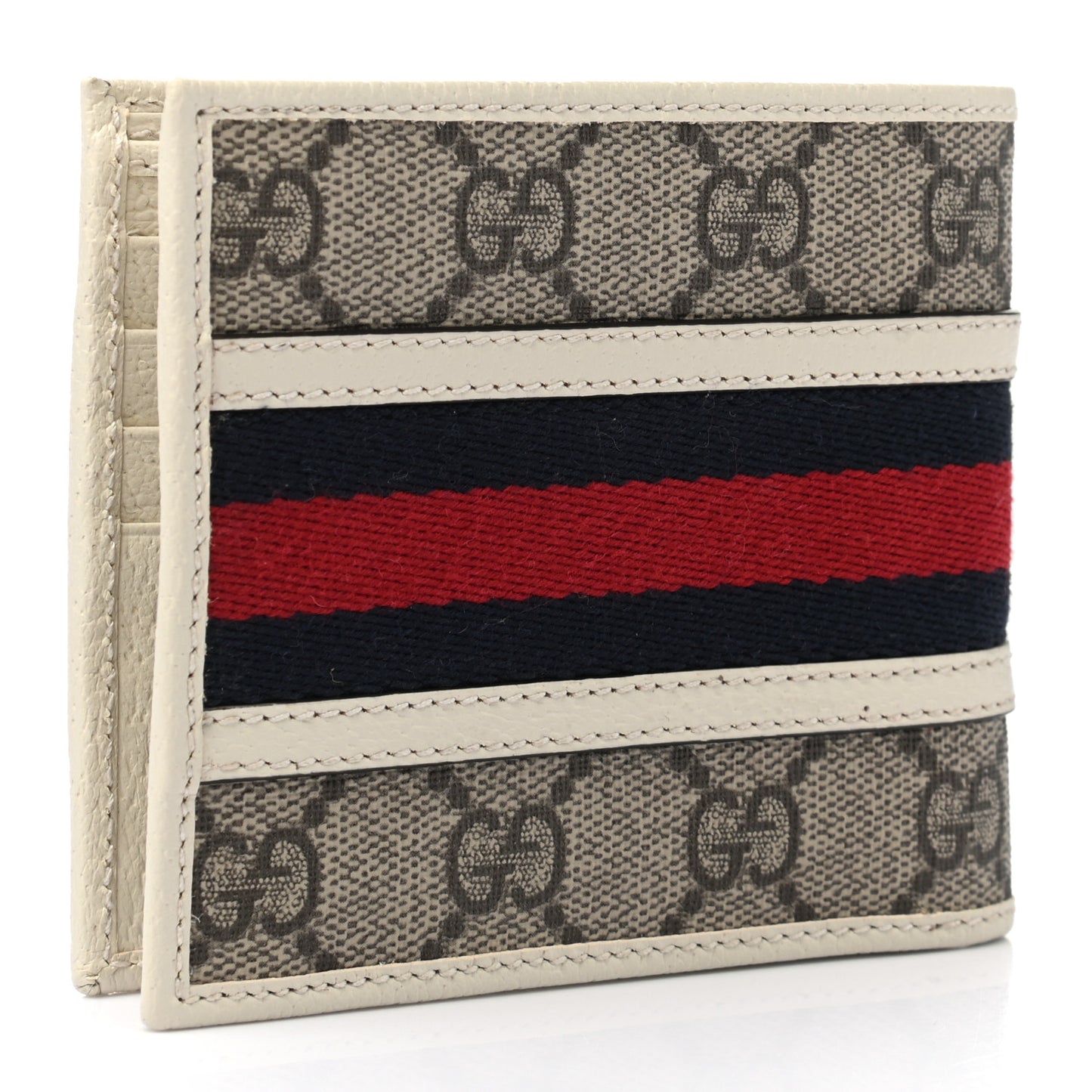 GG Supreme Monogram Textured Calfskin Web Mens Ophidia Bi-Fold Coin Wallet Beige Ebony Mystic White